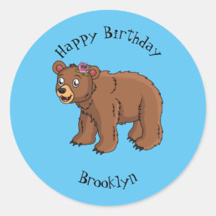 Adesivo Redondo Urso bonito com ilustração de desenho animado de