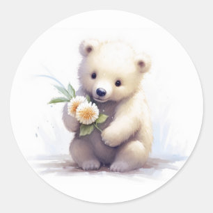 Adesivo Redondo Urso Branco Bonito Com Flor
