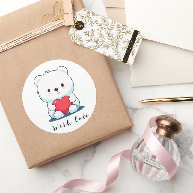 Adesivo Redondo Urso branco com coração, personalizado (Presentear)