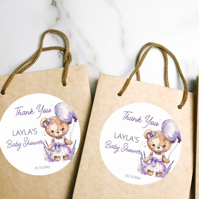 Adesivo Redondo Urso chá de fraldas roxo obrigado seu favorito (Beary cute teddy bear baby shower purple balloons teddy bear thank you favor stickers cute lavander)