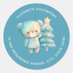 Adesivo Redondo Urso-Cinto e Endereço de Férias da Árvore de Natal