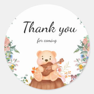 Adesivo Redondo Urso-Cinto toca guitarra, floral, aniversário