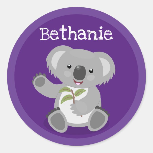 Adesivo Redondo Urso coala bonito com ilustração de desenho animad (Frente)