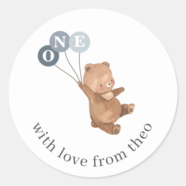 Adesivo Redondo Urso com 3 Balões Azuis (Frente)