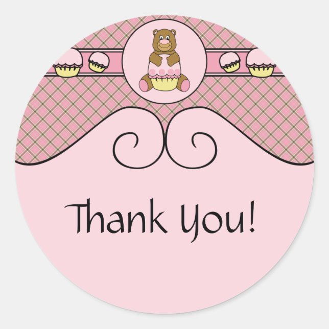Adesivo Redondo Urso com Cupcake rosa Vinheta-Vinheta (Frente)
