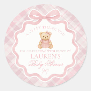 Adesivo Redondo Urso com Laço Coquete Rosa Favor da Festa de Bebê