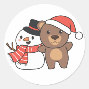 Adesivo Redondo Urso Com Neve No Inverno Para O Natal Clássico