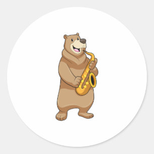 Adesivo Redondo Urso como músico com saxofone