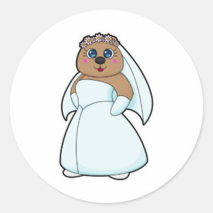Adesivo Redondo Urso como Noiva com Grinalda de Flores