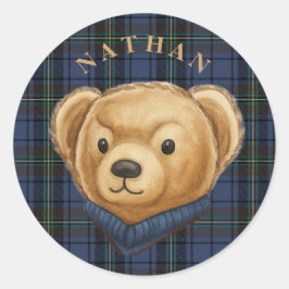 Adesivo Redondo Urso de Cabeça de Luxo Plaid Preppy
