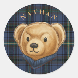 Adesivo Redondo Urso de Cabeça de Luxo Plaid Preppy