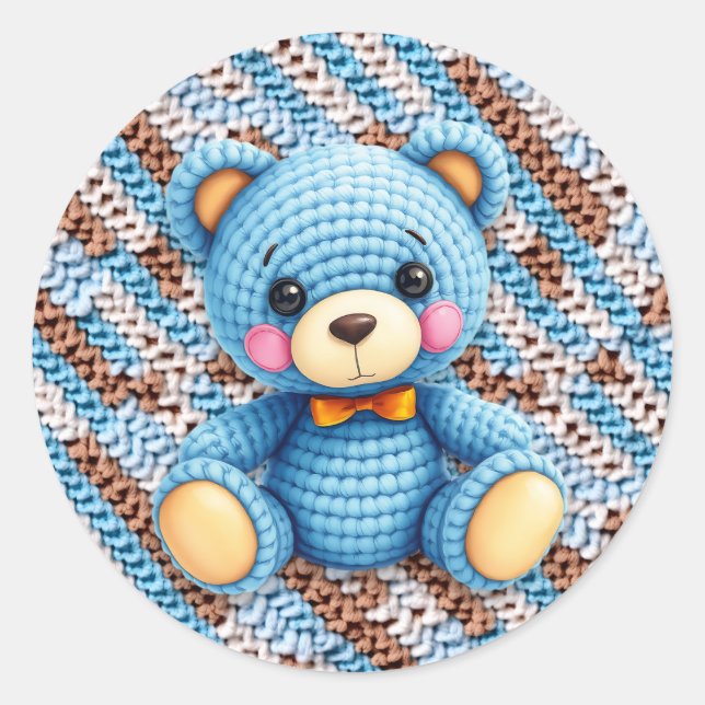 Adesivo Redondo Urso de Crochê Azul e Marrom  (Frente)