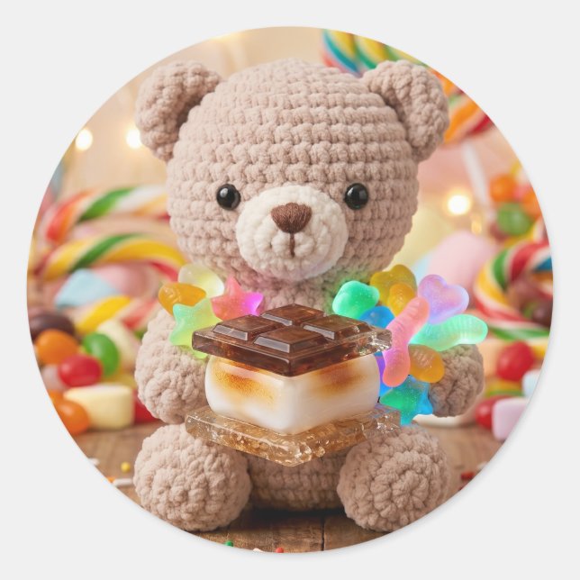 Adesivo Redondo Urso de Crochê com S'more Candy Land   (Frente)