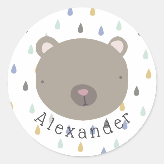 Adesivo Redondo Urso de Cute de Nome Personalizável (Frente)