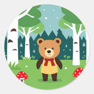Adesivo Redondo Urso de desenho animado fofo em uma cena de flores