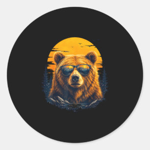 Adesivo Redondo Urso de hiking com óculos de sol arte retrô de mon