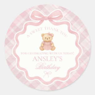 Adesivo Redondo Urso de Laço Coquete Rosa Favor de Aniversário Xad