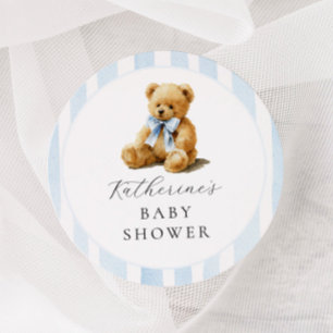 Adesivo Redondo Urso de Listras Azuis Baby Shower