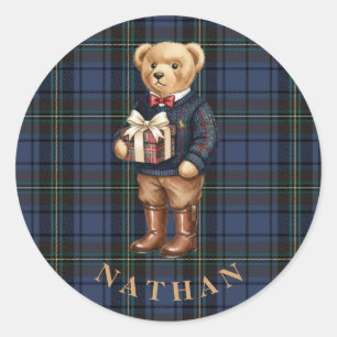 Adesivo Redondo Urso de Natal Xadrez Luxo Preppy