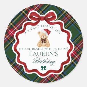 Adesivo Redondo Urso de Natal Xadrez Tartan Verde Favor de Anivers