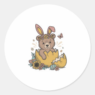 Adesivo Redondo Urso de Páscoa Fofo em Ovo Rachado Vetor Vintage_1