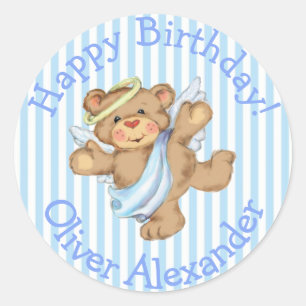 Adesivo Redondo Urso de Pelúcia Anjo Personalizado de Aniversário