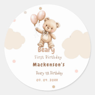 Adesivo Redondo Urso de pelúcia Beary First Balloon Boy 1º Anivers