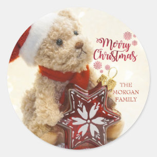 Adesivo Redondo Urso de Pelúcia,Chapéu de Papai Noel,Enfeite de Na