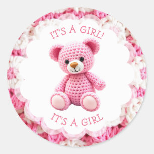 Adesivo Redondo Urso de pelúcia crochê rosa É uma menina