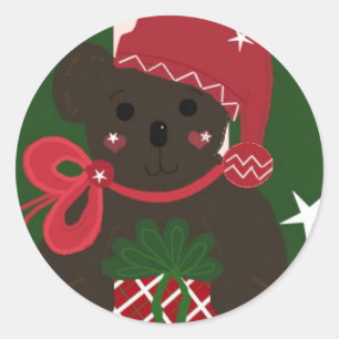 Adesivo Redondo Urso de pelúcia de Natal em Fundo Verde
