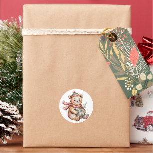 Adesivo Redondo Urso de pelúcia de Natal fofo segurando presente e