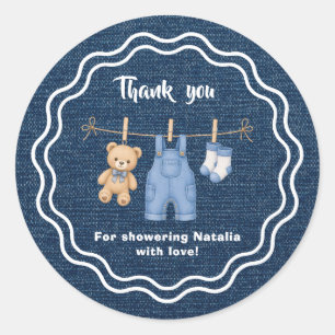 Adesivo Redondo Urso de pelúcia em jeans azul, obrigado pelo chá d