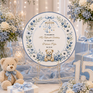 Adesivo Redondo Urso de pelúcia floral azul festa de aniversário d