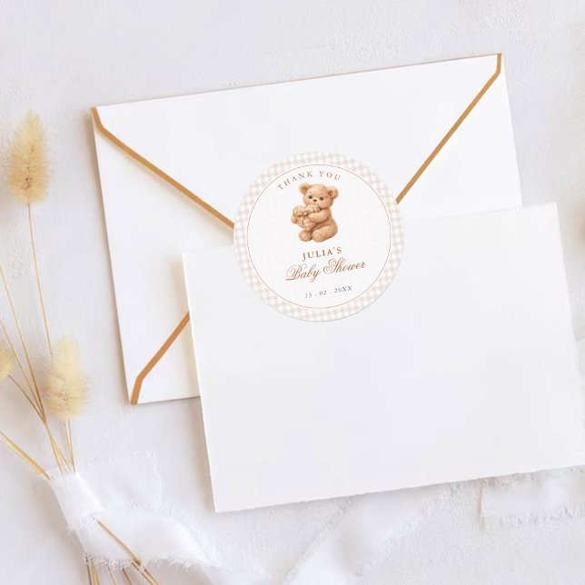 Adesivo Redondo Urso de pelúcia ginga marrom Neutro Bebe Chá de fr (Criador carregado)