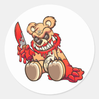 Adesivo Redondo urso de pelúcia mau coberto de sangue e segurando