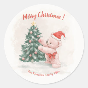 Adesivo Redondo Urso de Pelúcia Rosa Natal Retrô