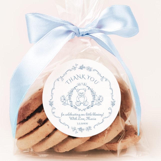 Adesivo Redondo Urso de pelúcia Toile Vintage chá de bebê Obrigado (Criador carregado)