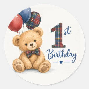 Adesivo Redondo Urso de pelúcia xadrez aquarela para 1º aniversári