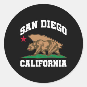 Adesivo Redondo Urso de San Diego Califórnia Surfando Surfista