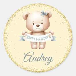 Adesivo Redondo Urso de Teddy Bonito com Brithday