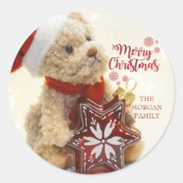 Adesivo Redondo Urso de Teddy,Chapéu de Santa,Enfeites de natal