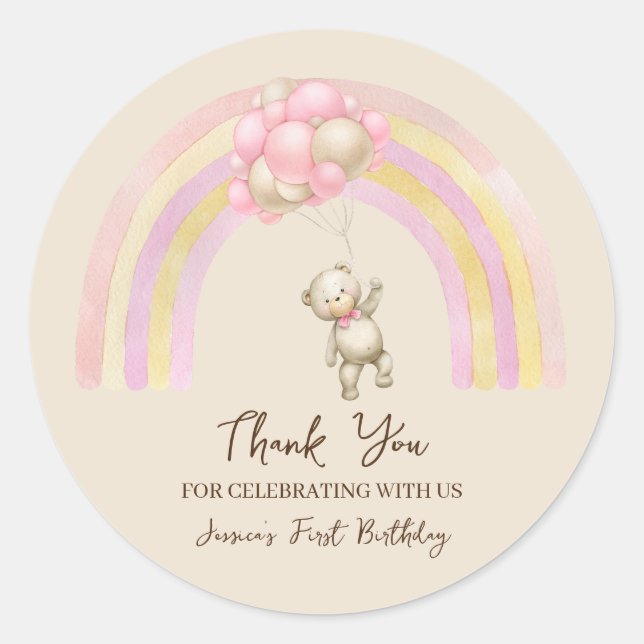 Adesivo Redondo Urso De Teddy Com Balões Primeiro Vinheta De Anive (Frente)