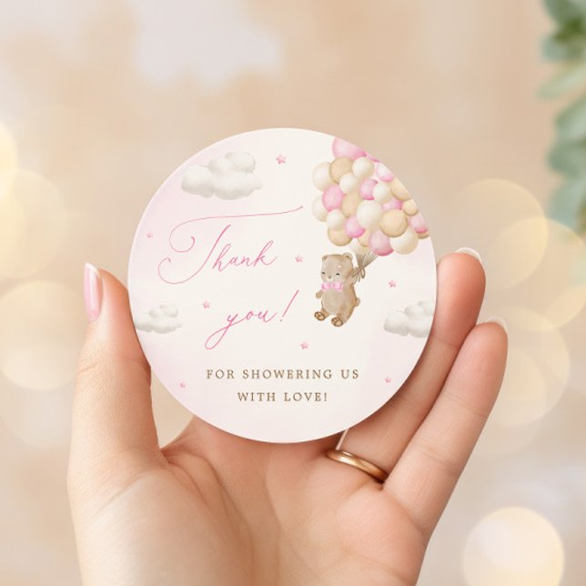 Adesivo Redondo Urso de Teddy com Balões Rosa Muito Obrigado (Criador carregado)