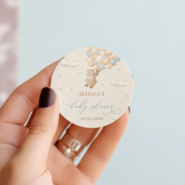 Adesivo Redondo Urso de Teddy com Chá de fraldas de Balões Azuis (Criador carregado)