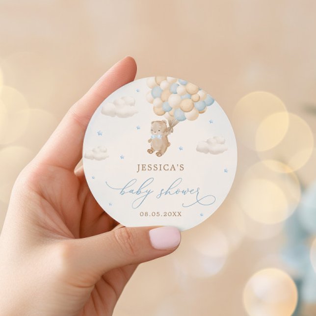 Adesivo Redondo Urso de Teddy com Chá de fraldas de Balões Azuis (Criador carregado)