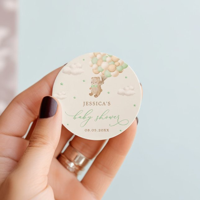 Adesivo Redondo Urso de Teddy com Chá de fraldas de Balões Verdes (Criador carregado)