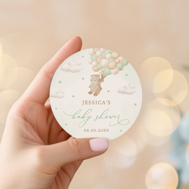 Adesivo Redondo Urso de Teddy com Chá de fraldas de Balões Verdes (Criador carregado)