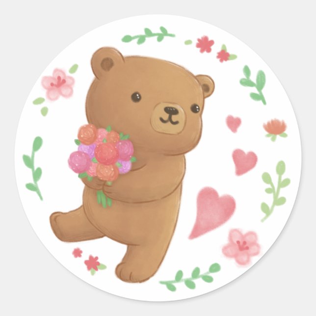 Adesivo Redondo Urso de Teddy com Flores (Frente)