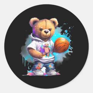 Adesivo Redondo Urso de Teddy De Basquete Para Meninos