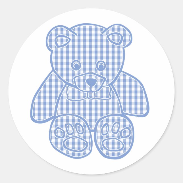 Adesivo Redondo Urso de Teddy Gingham, Pastel Azul Pálido (Frente)